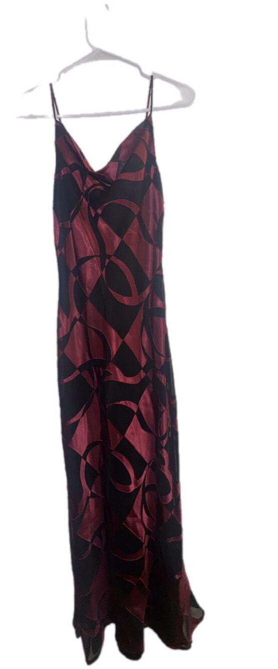 Vintage 90s Y2K Chica’s U.S.A. Burgundy Black Burnout Geometric Slip Dress Small